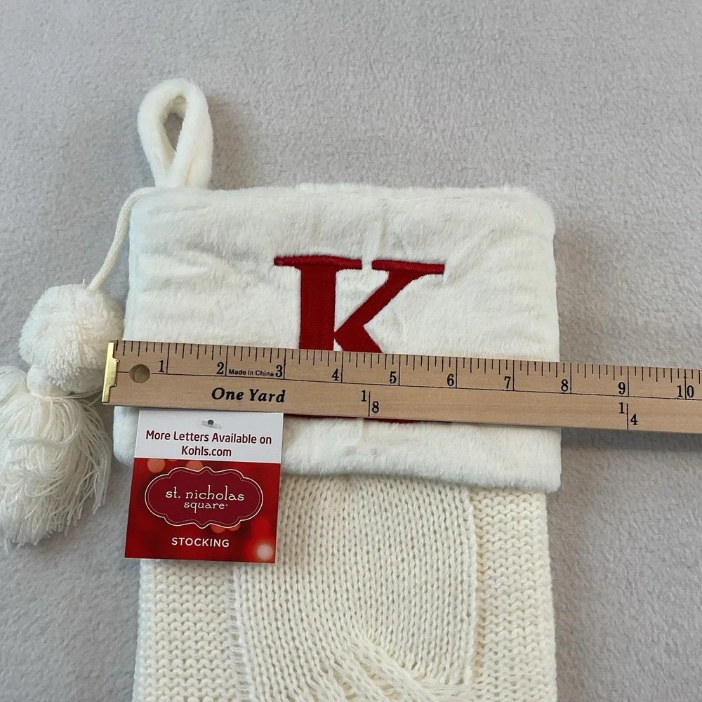 St Nicholas Square Christmas Stocking Cable Knit White K Initial Monogram Kohls